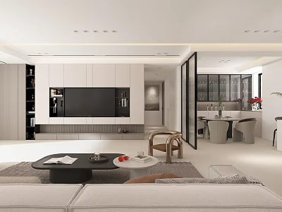 Modern Living And Dining Room Interior With Sofa Coffee Table TV Wall And Dining Chairs 3d model