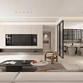 Modern Living And Dining Room Interior With Sofa Coffee Table TV Wall And Dining Chairs