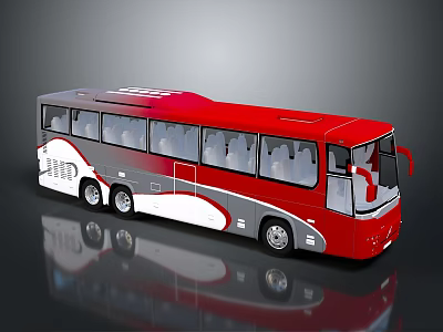 Modern red and silver bus with multiple windows and interior seats design 3d model