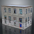 Multi Story Residential Building With Gray Stone Facade Neatly Arranged Windows And Blue Door