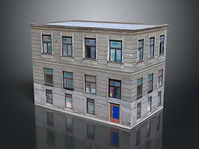 Multi Story Residential Building With Gray Stone Facade Neatly Arranged Windows And Blue Door 3d model