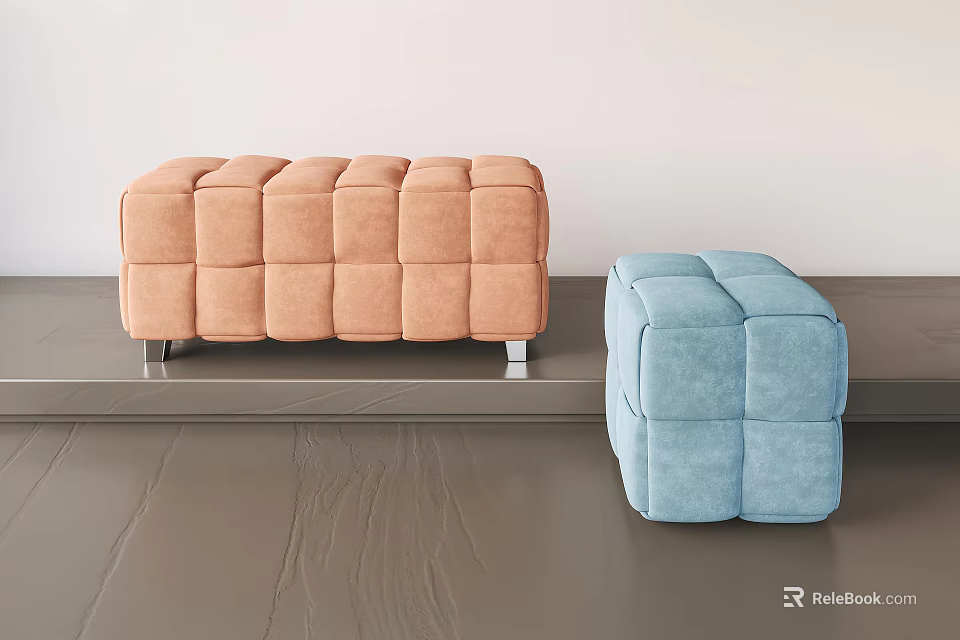 Modern Orange and Blue Tufted Ottomans with Metal Legs in Minimalist Space 3d model