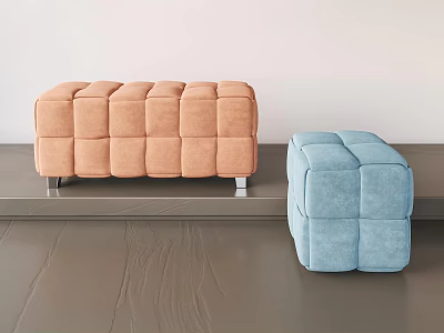 Modern Orange and Blue Tufted Ottomans with Metal Legs in Minimalist Space 3d model