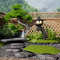 Japanese Courtyard Garden With Wooden Deck Stone Lanterns Arched Bridge And Red Maple Tree