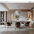 Modern Restaurant Interior With Round Dining Table Gray Chairs White Pendant Light And Decorative Elements 3d model