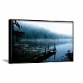 Misty Lake Forest Landscape Painting With Wooden Dock Water Lilies And Reflection