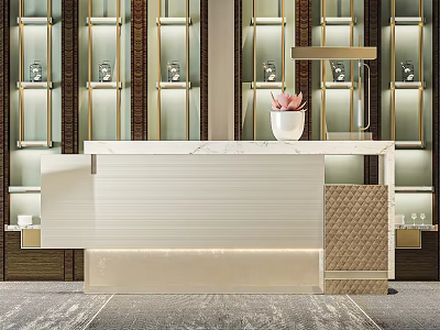 Elegant Hotel Lobby Interior with Marble Reception Desk Decorative Shelves and Warm Lighting 3d model