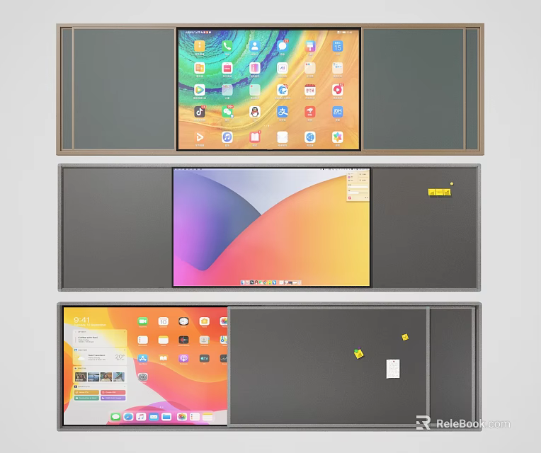 Modern Wall With Multiple Screens Showing App Interfaces And Decorative Elements 3d model