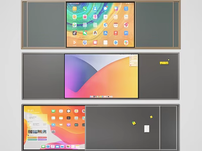 Modern Wall With Multiple Screens Showing App Interfaces And Decorative Elements 3d model