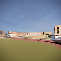 Modern Red Brick School Buildings With Multiple Structures Blue Sky Background And Green Lawn Areas