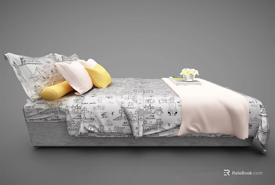 Double Bed With Patterned Bedspread Yellow White Pillows Tray Flowers And Book 3d model 