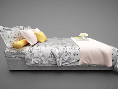 Double Bed With Patterned Bedspread Yellow White Pillows Tray Flowers And Book 3d model