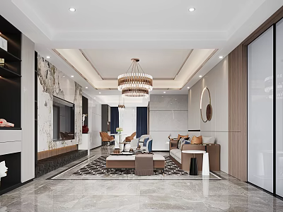 Stylish Modern Living And Dining Room Interior With Chandelier Sofa And Marble Coffee Table 3d model