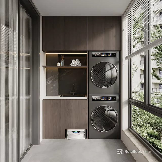 Modern Balcony Cabinet with Stacked Washing Machine Dryer and Window Greenery Storage 3d model 