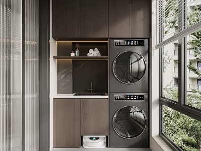 Modern Balcony Cabinet with Stacked Washing Machine Dryer and Window Greenery Storage 3d model