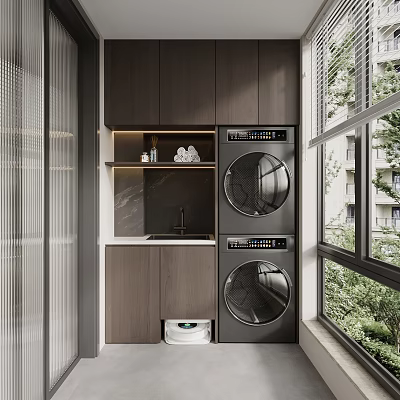 Modern Balcony Cabinet with Stacked Washing Machine Dryer and Window Greenery Storage 3d model