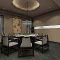 Chinese Style Private Room Interior Design With Tables Chairs And Decorative Painting