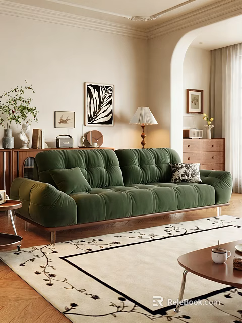 Green Velvet Two-seater Sofa With Button Tufted Design And Wooden Legs In Cozy Living Room 3d model 