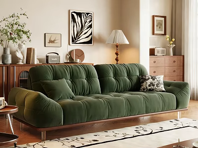 Green Velvet Two-seater Sofa With Button Tufted Design And Wooden Legs In Cozy Living Room 3d model