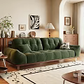 Green Velvet Two-seater Sofa With Button Tufted Design And Wooden Legs In Cozy Living Room