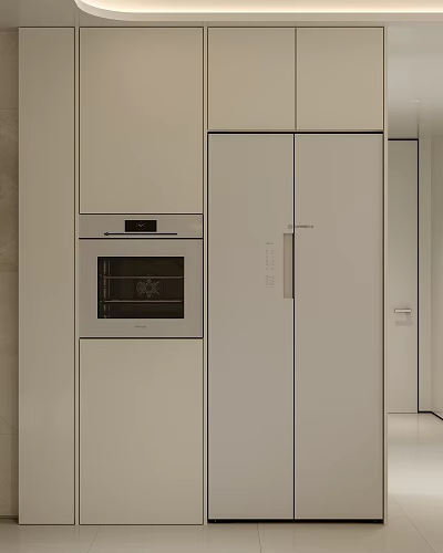 Sleek Modern Kitchen Interior With White Cabinets Built in Oven And Double door Refrigerator 3d model