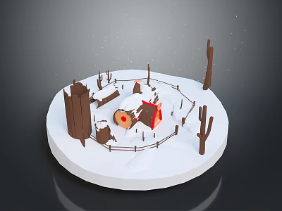 Snowy Winter Scene Featuring Small Cabin Wooden Fence Trees And Snow Covered Ground 3d model