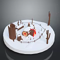 Snowy Winter Scene Featuring Small Cabin Wooden Fence Trees And Snow Covered Ground