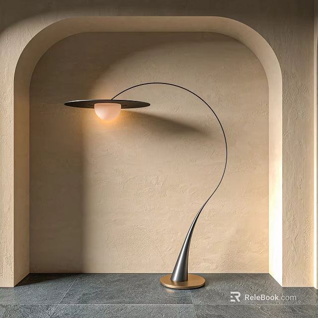 Modern Curved Floor Lamp With Circular Shade And Metal Stand In Arched Wall Setting 3d model 
