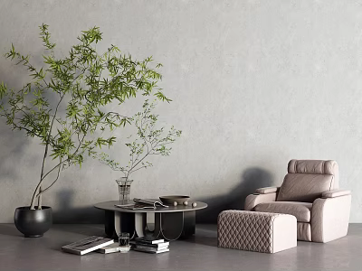 Beige Single Sofa With Ottoman Near Bamboo Tree And Round Coffee Table On Gray Floor 3d model
