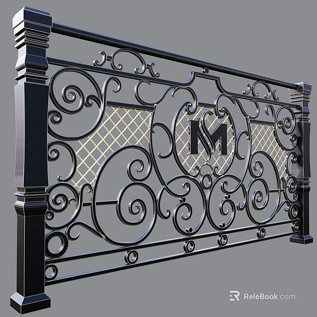 Black Wrought Iron Partition With Intricate Scrollwork Diamond Lattice And M Monogram 3d model 