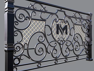 Black Wrought Iron Partition With Intricate Scrollwork Diamond Lattice And M Monogram 3d model