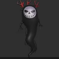 Spooky Black Creature Character With Skull Face Red Antlers And Long Thin Limbs
