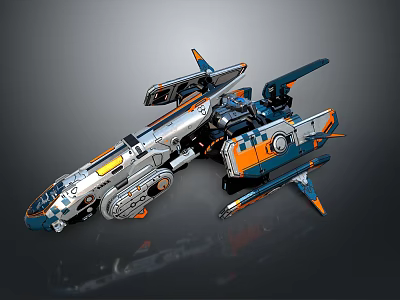 Detailed Sci Fi Mechanical Spaceship Model With Silver Blue Orange Intricate Design 3d model