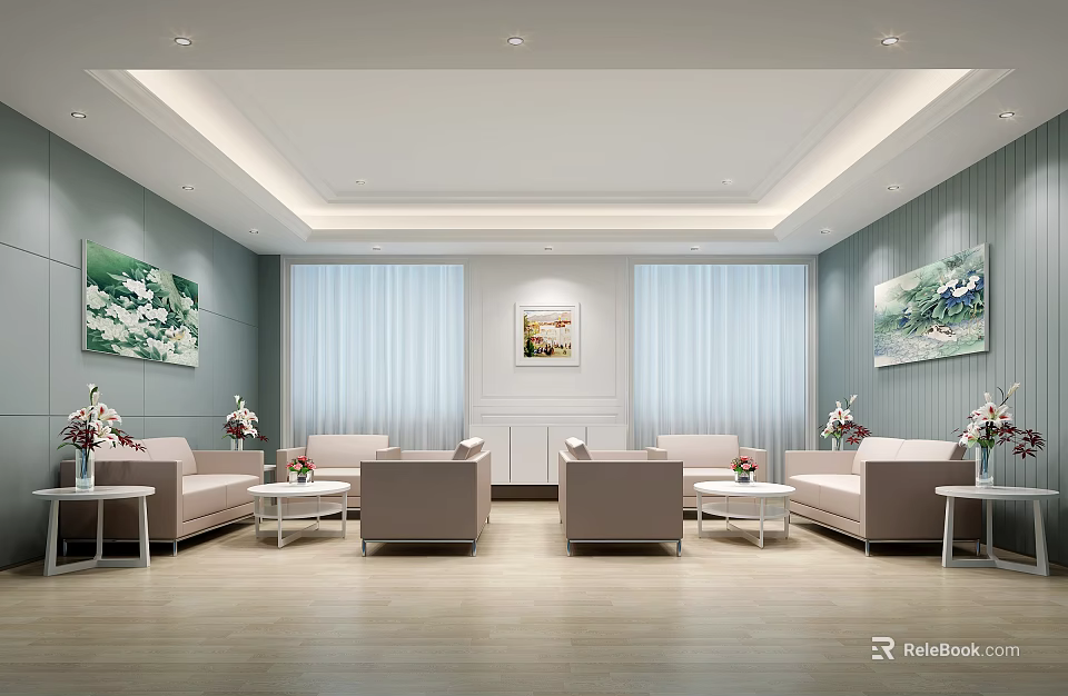 Hotel Public Lounge Area With Comfortable Sofas Coffee Tables Decorative Paintings Curtains And Green Plants 3d model 