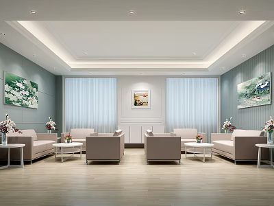 Hotel Public Lounge Area With Comfortable Sofas Coffee Tables Decorative Paintings Curtains And Green Plants 3d model