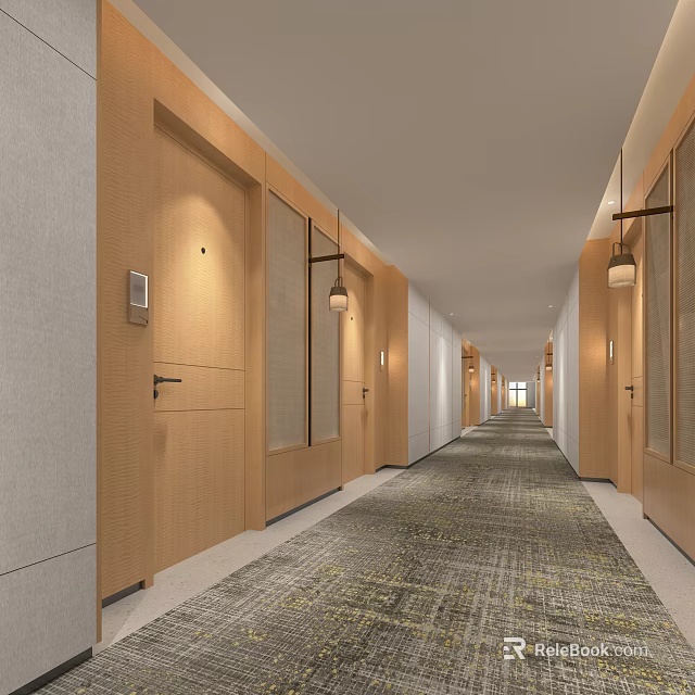 Hotel Corridor With Wooden Doors Pendant Lights And Modern Carpet Design 3d model 