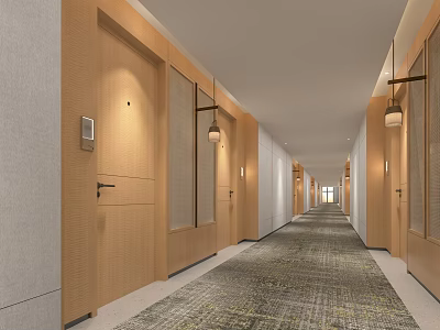 Hotel Corridor With Wooden Doors Pendant Lights And Modern Carpet Design 3d model