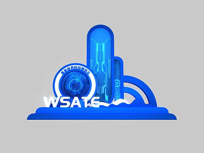 Hi Tech Blue 3D Architectural Structure With WSATE Logo Photo Check in Spot 3d model