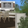 Modern Garden Patio Design With Table Chair Set Birch Trees Green Plants Flowers And Lighting