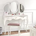 White Dressing Table With Triple Mirrors Drawers Pink Padded Stool And Paneled Walls