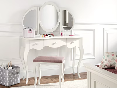 White Dressing Table With Triple Mirrors Drawers Pink Padded Stool And Paneled Walls 3d model