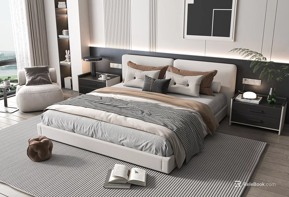 Modern Double Bed with Upholstered Headboard Multiple Pillows Striped Blanket Side Nightstands and Green Plant 3d model 