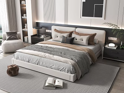 Modern Double Bed with Upholstered Headboard Multiple Pillows Striped Blanket Side Nightstands and Green Plant 3d model