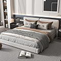 Modern Double Bed with Upholstered Headboard Multiple Pillows Striped Blanket Side Nightstands and Green Plant