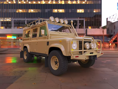 Beige Land Rover Defender On Urban Street With Off Road Lights 3d model