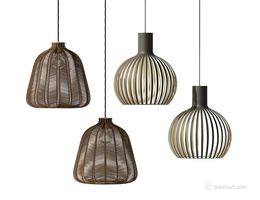 Contemporary Woven Pendant Lights with Brown Gray Textured Designs and Unique Shapes 3d model 