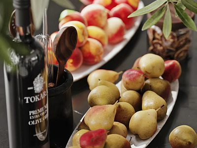 Fresh Ripe Peaches And Pears Arranged On White Plates With Olive Branch Decoration 3d model