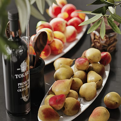 Fresh Ripe Peaches And Pears Arranged On White Plates With Olive Branch Decoration 3d model