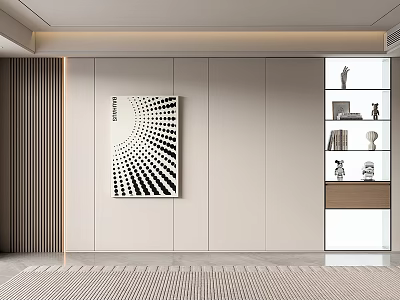 Modern Sofa Background Wall Interior With Geometric Artwork And Glass Display Cabinet 3d model