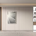 Modern Sofa Background Wall Interior With Geometric Artwork And Glass Display Cabinet
